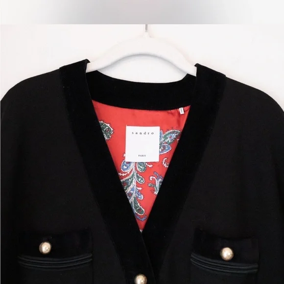 Sandro velvet trim Cardigan with gold buttons S EUC - Picture 5 of 8